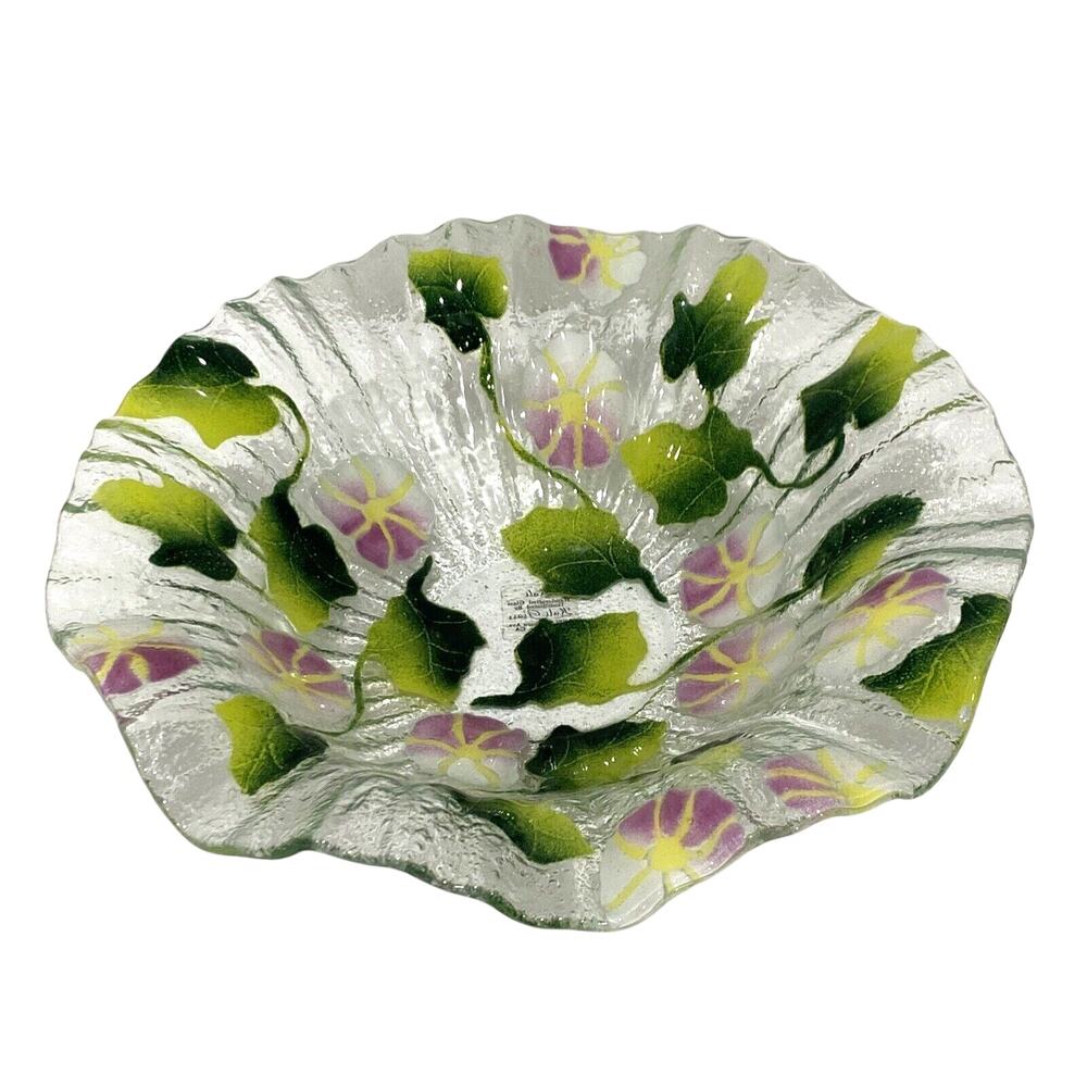 Kali Studio Fused Art Glass Pink & Green Floral Fruit Bowl Ruffle Edge Dish Bowl